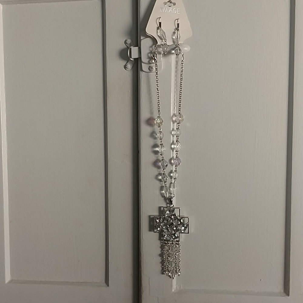 2 Piece Set Cross Necklace and Earring Irredesent